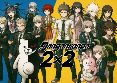 Grid 2x2 berisi karakter-karakter Danganronpa populer seperti Hajime, Nagito, Chiaki, dan Monokuma.