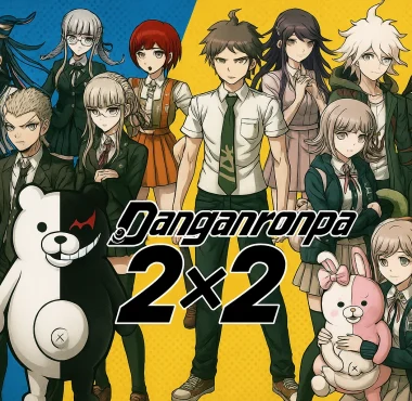 Grid 2x2 berisi karakter-karakter Danganronpa populer seperti Hajime, Nagito, Chiaki, dan Monokuma.