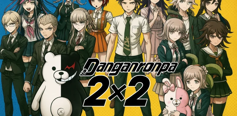 Grid 2x2 berisi karakter-karakter Danganronpa populer seperti Hajime, Nagito, Chiaki, dan Monokuma.