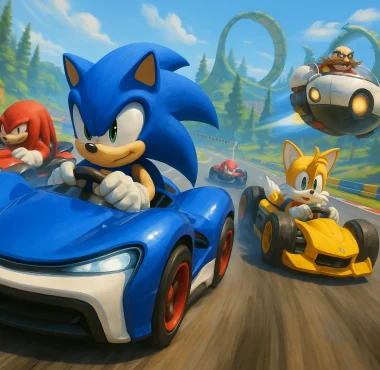 Screenshot gameplay Sonic Racing CrossWorlds dengan efek Travel Rings lintas dimensi