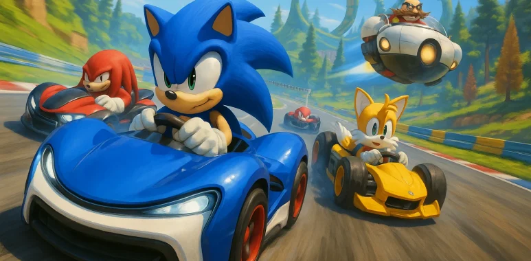 Screenshot gameplay Sonic Racing CrossWorlds dengan efek Travel Rings lintas dimensi
